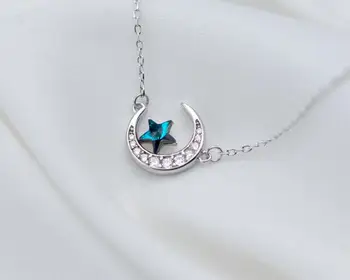 

Authentic 100% REAL. 925 Sterling Silver FINE Jewelry Blue Star on the Crescent Moon Zirconia Necklace pendant GTLx1708