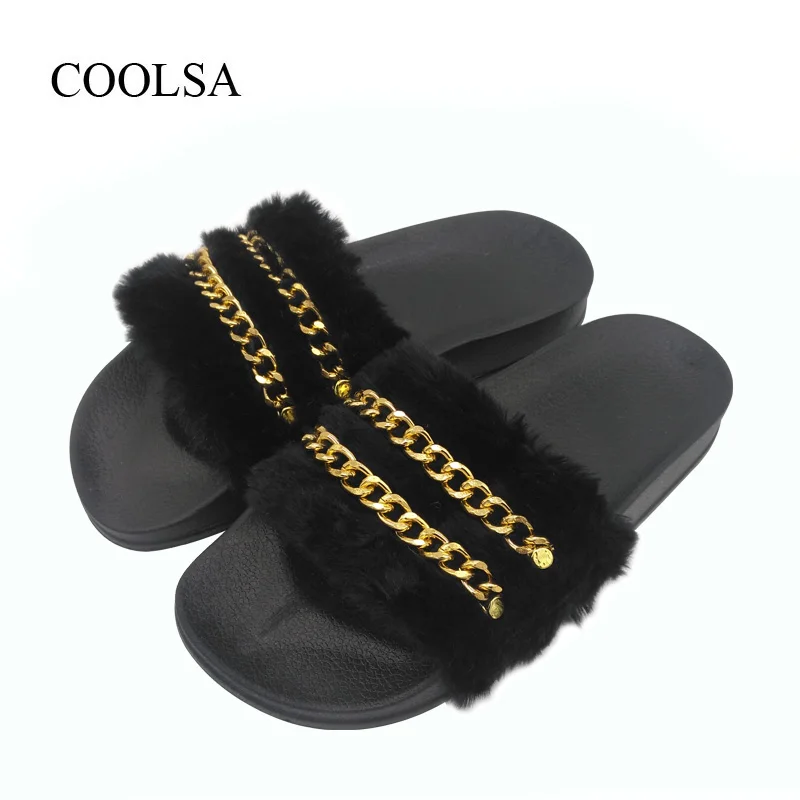 

COOLSA Women Brand Faux Fur Chain Slippers Women Winter Non-slip Indoor Slippers Women Slides Drop Shipping Black Slippers Hot