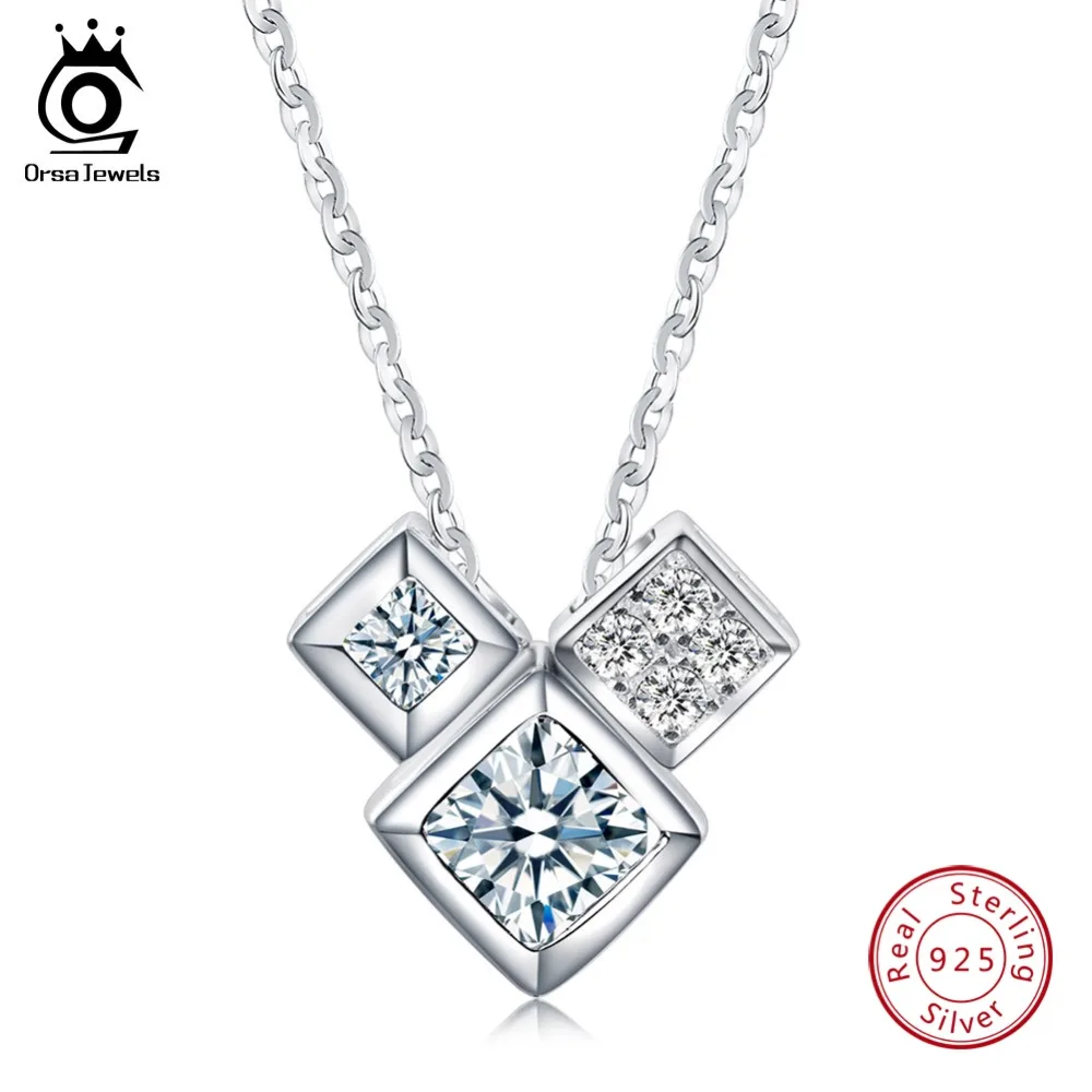 

ORSA JEWELS Real 925 Sterling Silver Women Pendant Necklaces With AAA Zircon 3 Square Box Shape Pendant Jewelry Party Gift OSN32