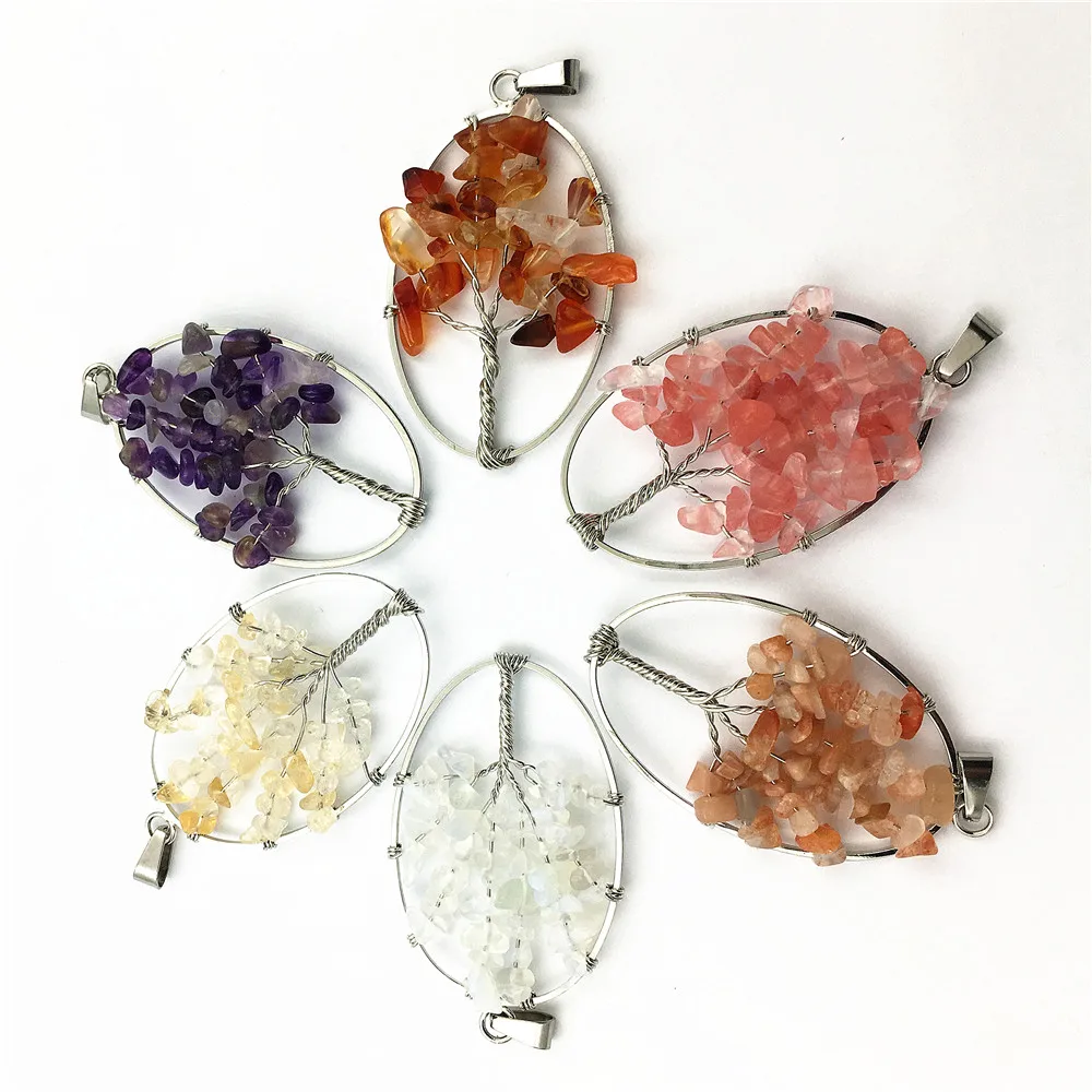Mixed Color Natural Stone Crystal Charms Tree Of Life Quartz Pendant Oval Shape For DIY Necklace Christmas Gift Women Jewelry