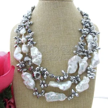 

N101210 18" 3 Strands White Keshi Pearl Crystal Necklace