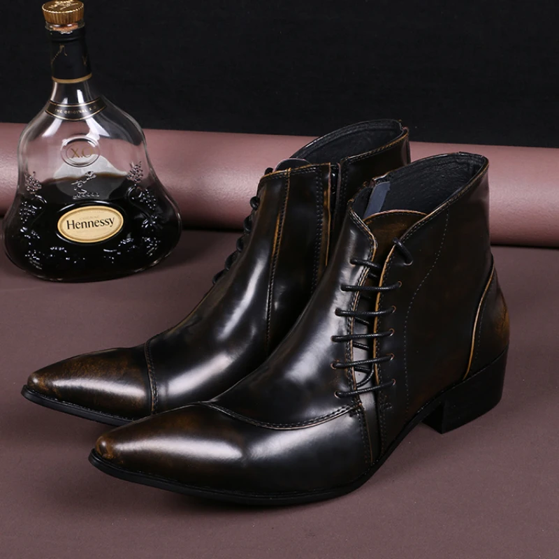 

Italian Real Leather Men Boots Pointed Toe Lace Up Ankle Boots Large Size Business Men Formal Leather Boots Shoes