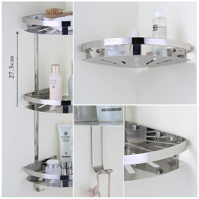 Auswind Современная прочная угловая полка из нержавеющей стали 304, 1-3 слоя, серебряная Полированная полка, настенное крепление, набор аксессуаров для ванной комнаты