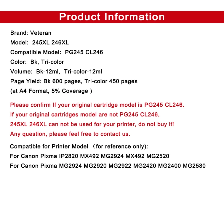 Ветеран 245XL 246XL чернильный картридж совместим с Canon PG 245 CL 246 PG-245 Pixma iP2820 MX492 MG2924 MG2920 MG2922 принтер