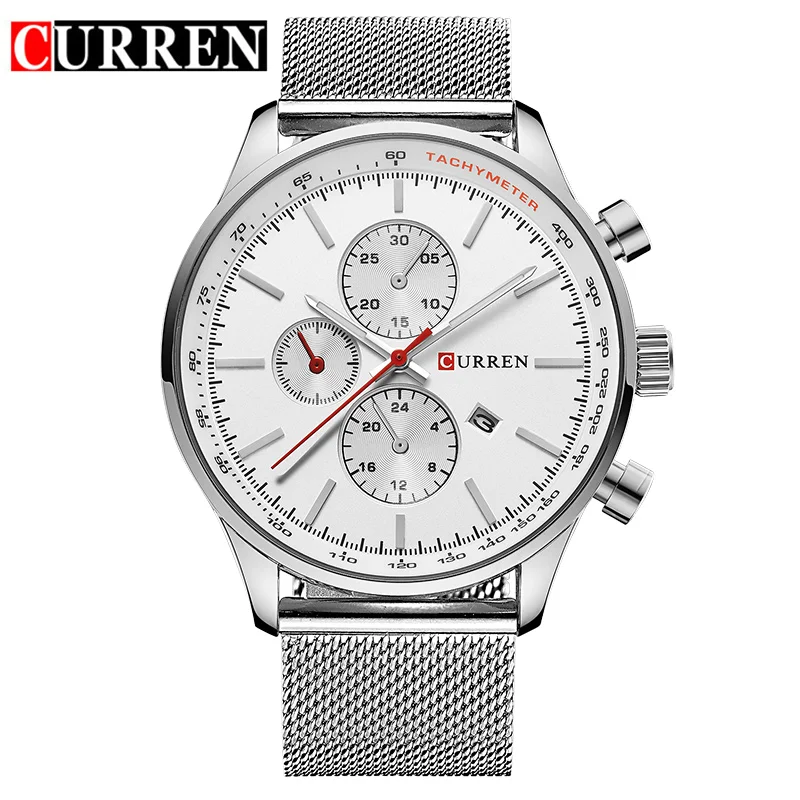 Новинка CURREN часы Роскошные Лидирующий бренд мужские часы полностью стальные Модные Кварцевые Часы повседневные мужские спортивные наручные часы с датой Relojes - Цвет: silver white