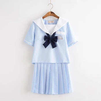 

2019 New Sailor Suit School Uniform Sets Jk School Uniforms For Girls Sky Blue Shirt And Dark Blue Skirt Suits Student Cosplay