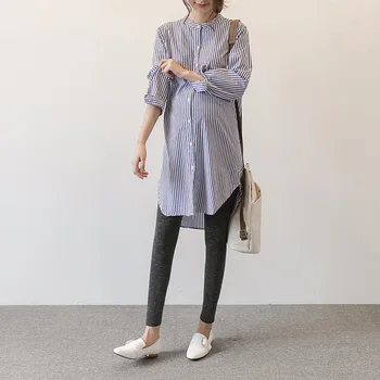 

Maternity Women Blouse Spring Summer Long Sleeve Casual Mid-long Shirt New Moms Fashion Striped Loose Fit Blouses Dresses