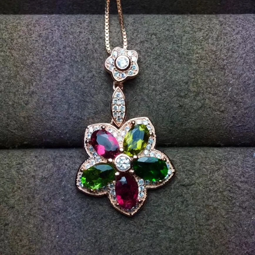  Pendentif tourmaline multicolore naturel pierres précieuses naturelles élégant fleur de prunier pen