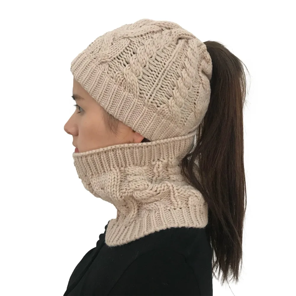 Осень-зима Для женщин шляпа шапки вязаные шерстяные теплые шарф толстый ветрозащитный Многофункциональный шапка и шарф, набор для Для женщин 2 шт./компл