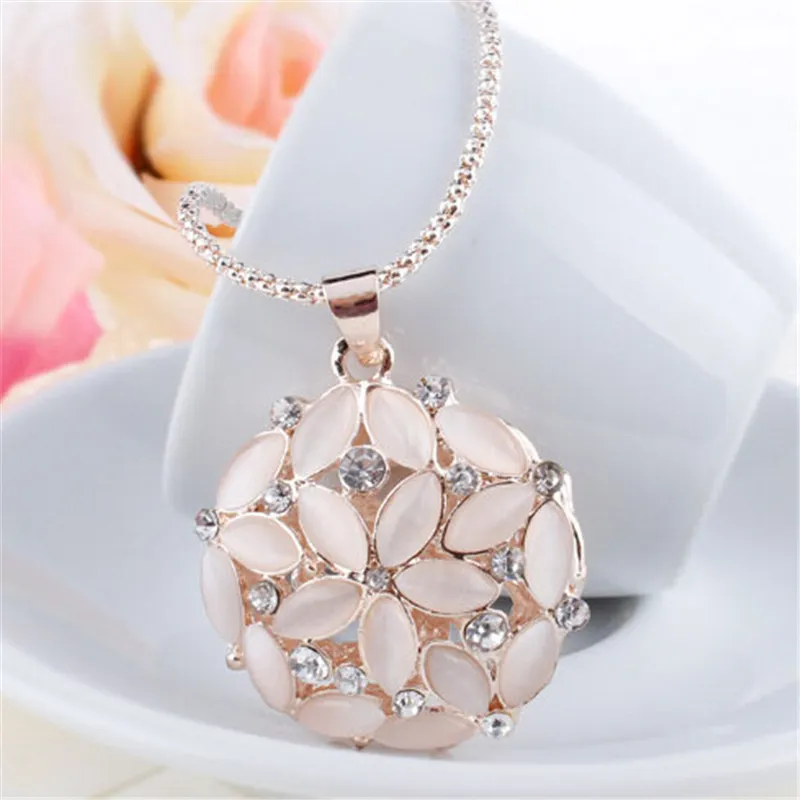

LNRRABC Women Hollow Out 3D Opal Crystal Flower Long Pendant Necklace Silver Cute Gold Sweater Chain Fashion Jewelry