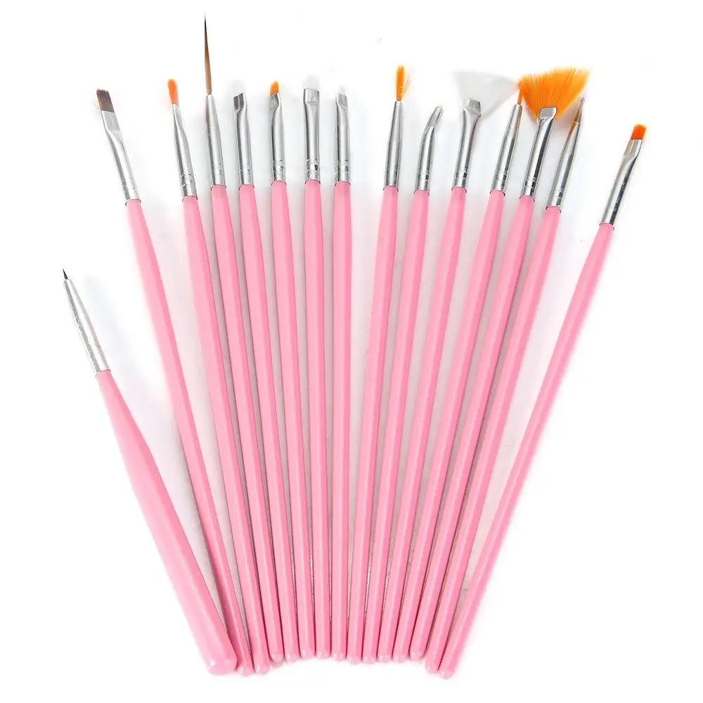15Pcs Nail Art Brushes Pink White Full Multi function Combination
