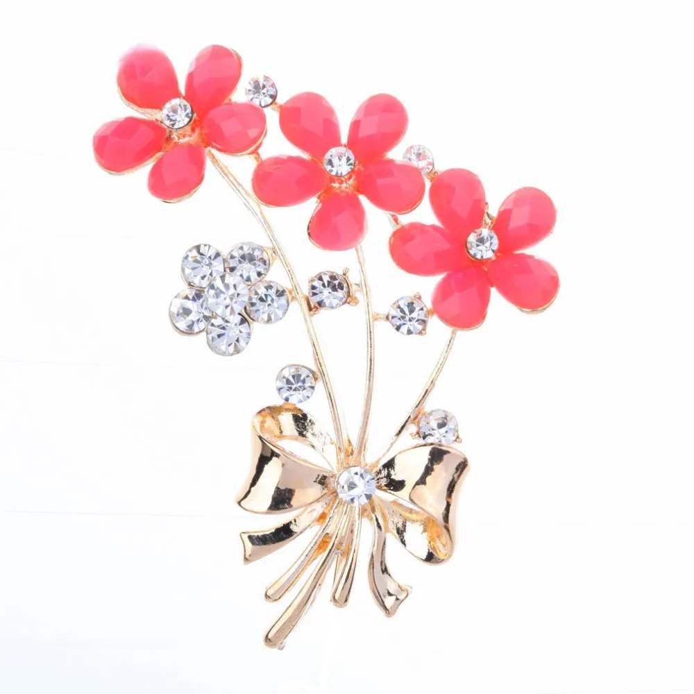 Red Flowers Brooch Pins with Clear Crystal Rhinestones for Women Bride