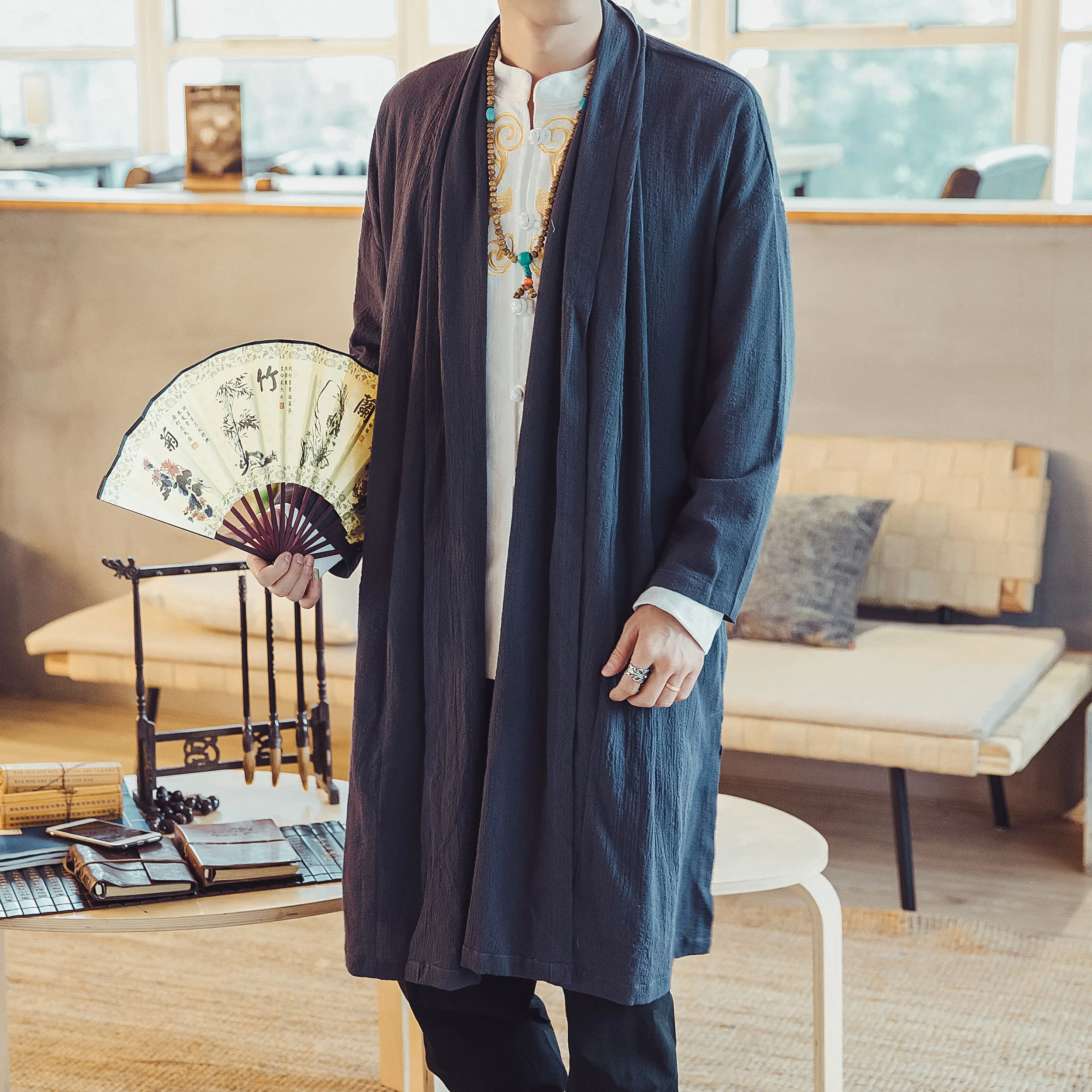 

Male Solid Color Nepal Style Coat Outerwear Men Fashion Casual Long Cardigan Jacket