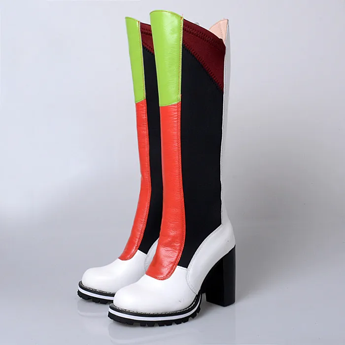 Prova Perfetto Модные Разноцветные сапоги из натуральной коровьей кожи на толстом высоком каблуке милые стильные женские сапоги до колена с круглым носком
