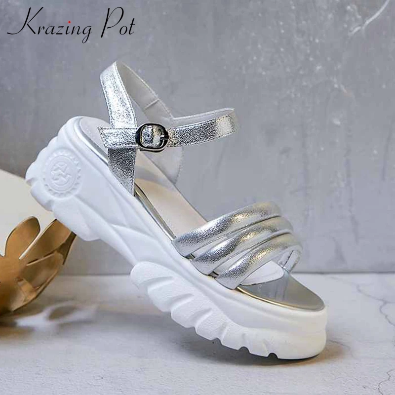 

Krazing Pot sheep leather streetwear platform wedges metal buckle straps fastener silver color high heels leisure sandals l9f4