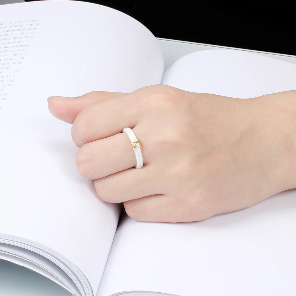 Gold Color Women's CZ Crystal White Ceramic Wedding Rings Fashion Jewelry