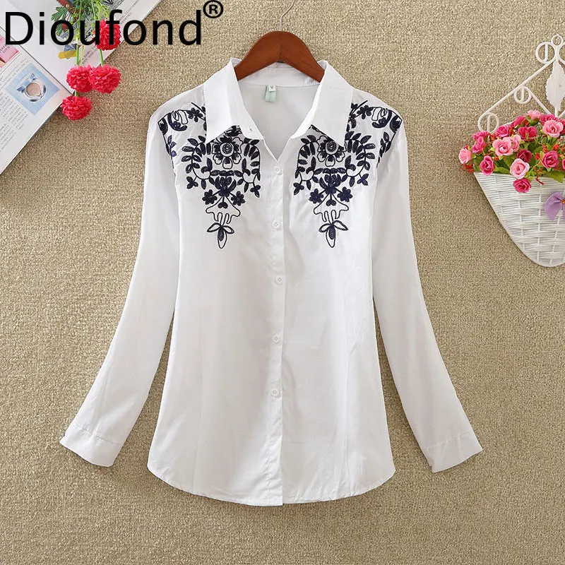

Dioufond Spring White Embroidered Female Shirts Long sleeves Flower Pattern Women Blouses Office Tops Fashion Women Shirt 2018
