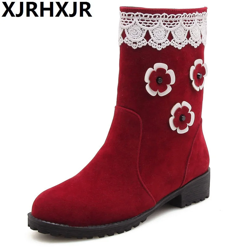 

XJRHXJR Brand 2018 Big Size 34-43 Slip On Snow Boots Fashion Sweet Lace Girls Date Shoes Women Fashion Mid-calf Riding Boots