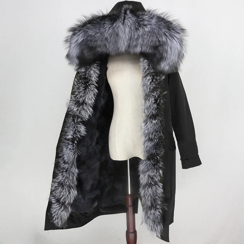 black grey silver OFTBUY, водонепроницаемая верхняя одежда, удлиненная парка, пальто с натуральным мехом, зимняя куртка для женщин, воротник из натурального меха енота, подкладка из лисьего меха, съемная - Цвет: black grey silver