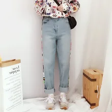 Корейский вариант Harajuku стиль джинсы шва пондер патч с принтом заусенцы вымытые джинсы прямые джинсы женские студенческие наплывы