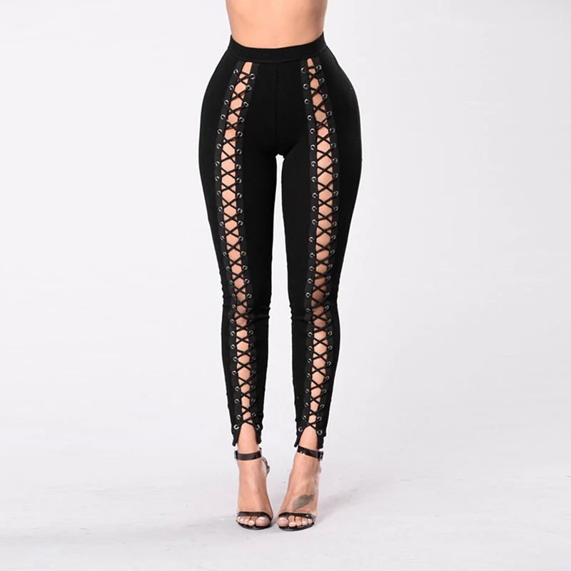 Black Hollow Out Leggings Women 2018 Spring Autumn Full Length Pencil Pants Sexy Fitness Lace Up 