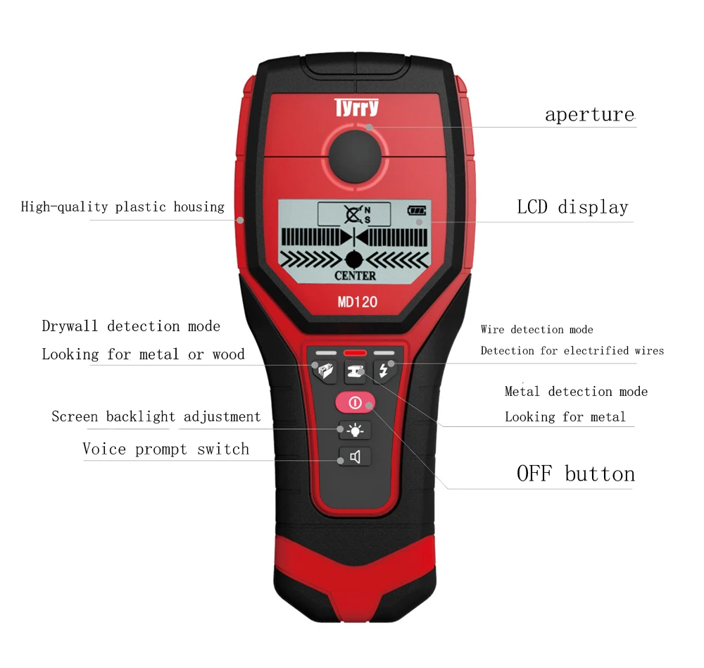 MD120 Многофункциональный ЖК-детектор стены ручной Стад Finder металл, дерево, штифты кабель переменного тока живой провод сканер