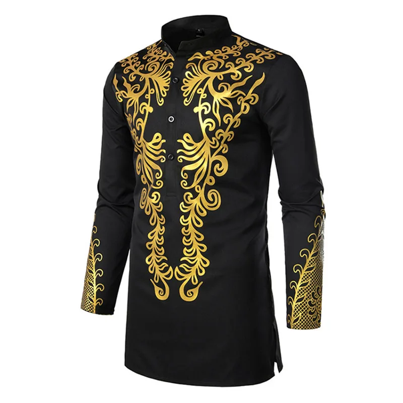 African Golden Polished Dress Shirts Long Tunic Mens Fashion Print Button Up Bridegroom Top Stand Collar Clothes Black Plus Size