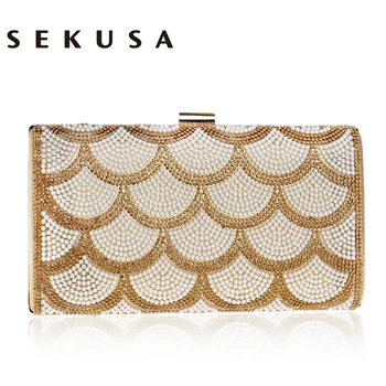 

SEKUSA Beaded Women Evening Bag Party Wedding Shoulder Handbags SILVER/GOLD/BLACK Female Diamonds Clutch Bag