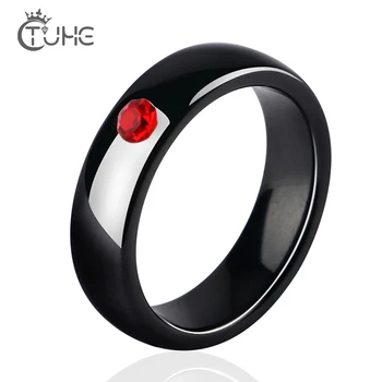 

New Wedding Rings With One Big Red Crystal Refined Simplicity 6mm Smooth Black Ceramic Rings For Women For Engagement Jewelry
