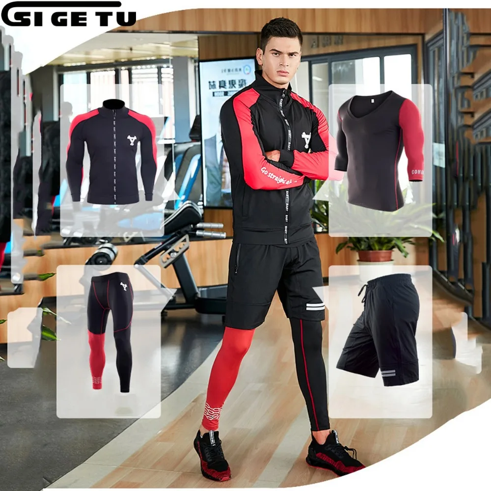 

Quick Dry 2018 Set 4pcs / set Men's Compression Running Sport Clothes Basketball Tights Clothes Gym Clothes Stretch jacket