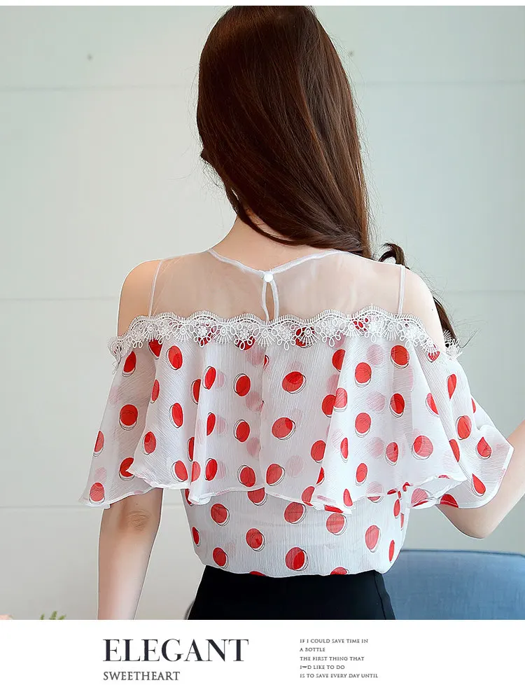 New Polka Dot Shirts Women 2018 Female Summer Blouse Ruffled Open Shoulder Tops Casual Fashion Print Chiffon Blusas Mujer Verano (4)
