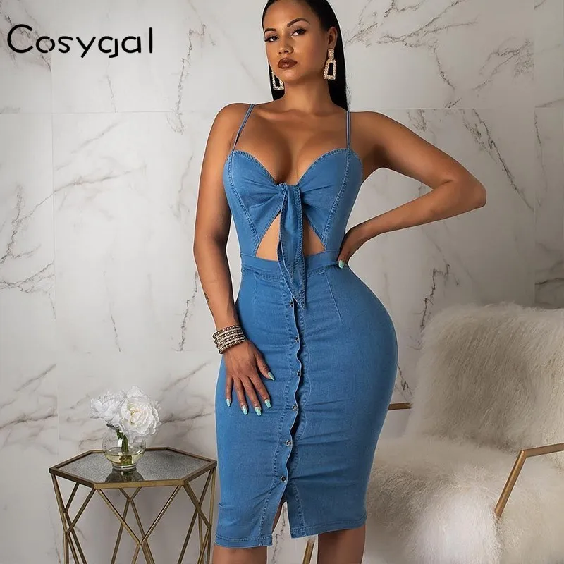 COSYGAL выдалбливают грудь галстук бабочка Bodycon платье синяя кнопка закрытия