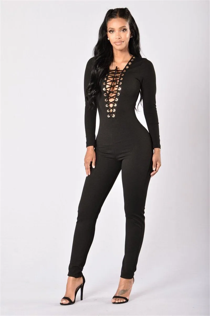 Women Deep V neck Long Sleeve Lace up Playsuit Romper Jumpsuit Bodysuit ...