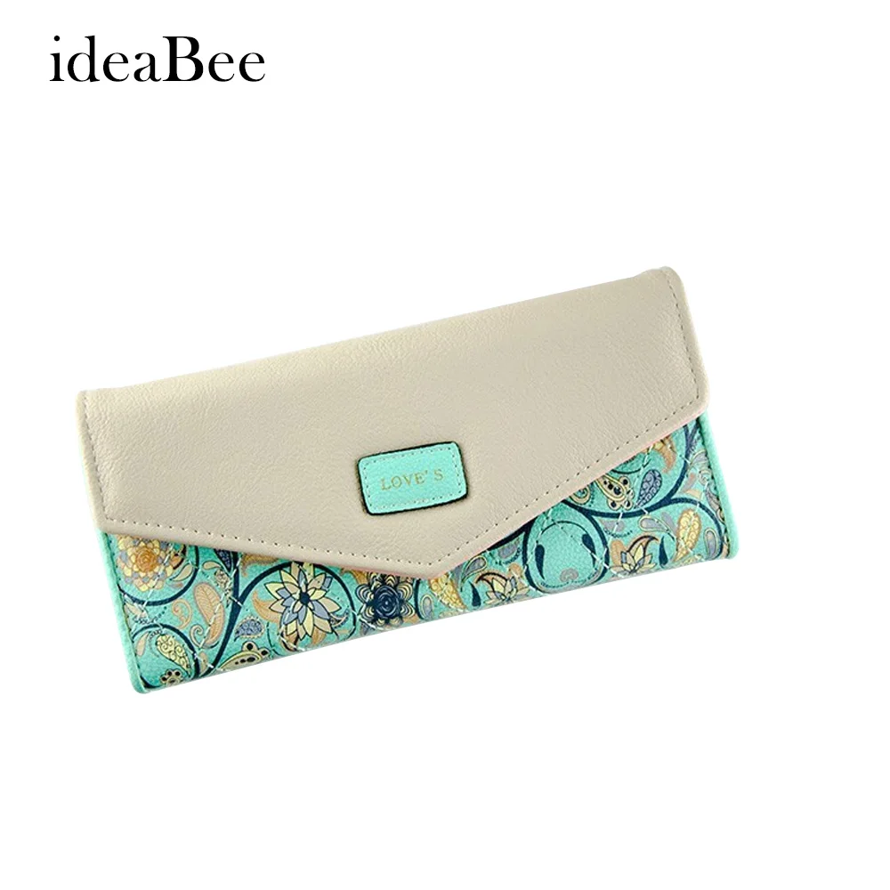 ideaBee Hot Envelope Women Wallet Color 3Fold Flowers Printing 5Colors PU Leather Wallet Long Ladies Clutch Coin Purse Womenbag