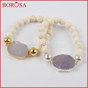 

BOROSA 1 Piece new Gold Color Natural Crystal Druzy With Faceted White Howlite Stone Beads Bracelet Handcraft for Women G1398