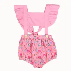 0-24 м хлопковая детская одежда для малышей Детская одежда для девочек Цветок спинки флаттера рукава комбинезон цветочный розовый