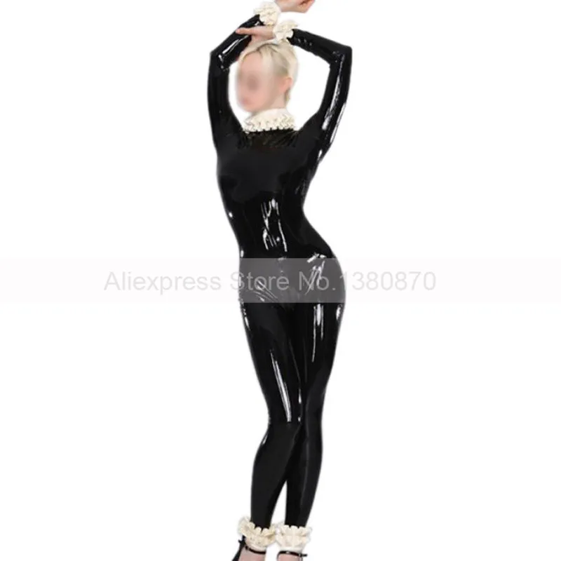 

Lovely Female Girl Latex Leotard Catsuit Rubber Suit with Neck Sleeves Leg Lace Handmade Plus Size Custom Made S-LC330
