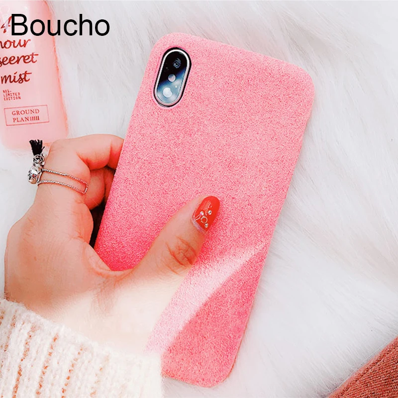

Boucho Candy Colors Phone Case For iphone X Thin Canvas Plush Warm Cases For iphone 6 6s 7 8 Plus Cloth Texture Soft Back Cover