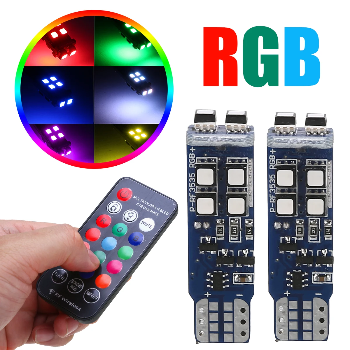 

For Car Lighting 2pcs T10 194 RGB 10LED Car Interior Light 3535 168 W5W Car Reading Width License Plate Light+Remote Control 12V