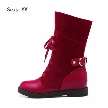 

Spring Autumn Lace Up Women Mid Calf Boots Wedge Height Increasing Woman Short Boots High Quality Plus Size 34-40,41,42,43 botas