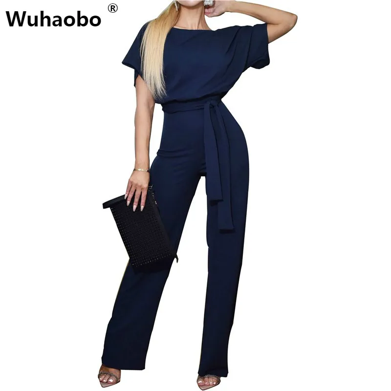 

Wuhaobo Elegant Office Lady Casual Romper Short Sleeve Lace Women Overalls Long Pants Summer Female Frenulum Jumpsuits