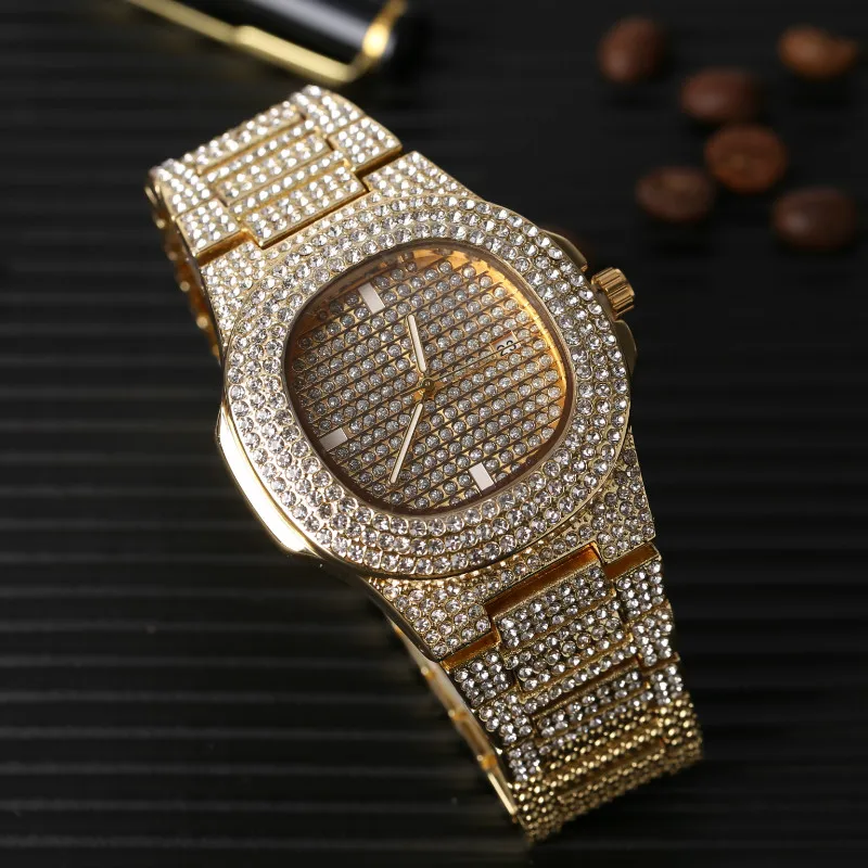 Günstig Luxus Männer Diamant Gold Uhr Hip Hop Männer uhr   armband   Halskette Combo Set Basketball Anhänger Kubanischen Halskette Hüfte hop Für männer