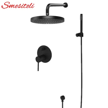 Smesiteli Wall Mount Brass Bathroom Shower Set Black Rainfall Shower Head & Handheld Solid Brass Holder Shower Diverter Kit kemaidi bathroom shower head gooseneck square brass wall mount shower arm ultrathin bathroom shower head set