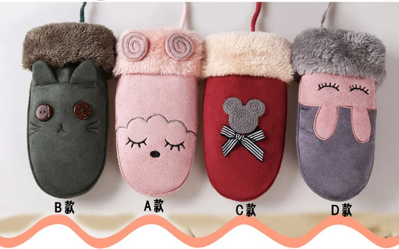 Fashion Lovely Children's Winter Thick Cashmere Warm Cartoon Rabbit Bear Suede Leather Gloves Boy/Girl Faux Sheepskin Glove 100A mens suede gloves