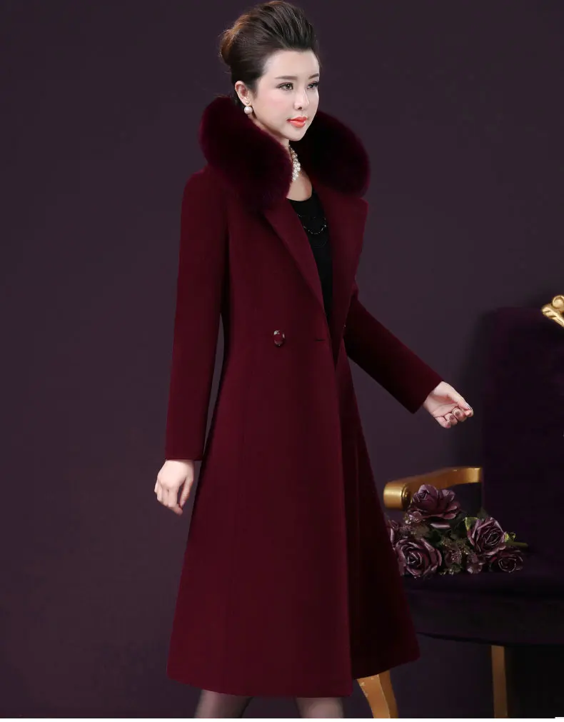 Двухсторонняя кашемировая Женская парка с воротником из лисьего меха, зимняя Новинка, длинное фиолетовое шерстяное пальто, большие размеры, толстые топы, шерстяная куртка для женщин Z567 - Цвет: Red wine