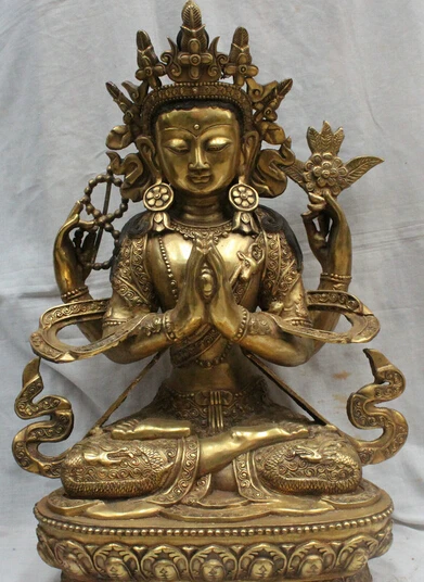 

JP S62 28" Tibet Temple Bronze Dragon 4 Arms Chenrezig Avalokiteshvara Buddha Statue