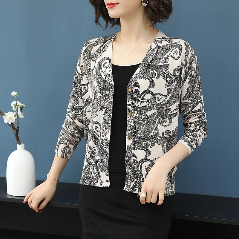 

YISU 2019 Spring Women Cardigan V Neck Long Sleeve Knit cardigan Sweater Tops thin Coat Sweaters Female fashion Print cardigan
