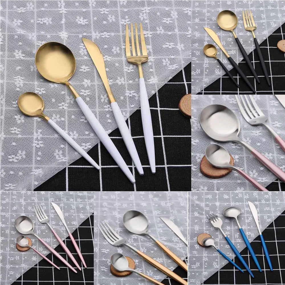 

Tableware 4PCS Portugal Set Stainless Steel Square Handle Upscale Dinnerware Cutlery Fork Spoon Steak Set Apr 24