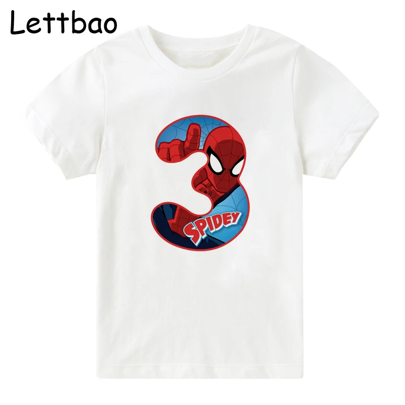 New Fashion Children's Clothes Happy Birthday 2 To 12 Number Summer Cotton White T-shirt for Boy Spider Man Tshirt for Kid