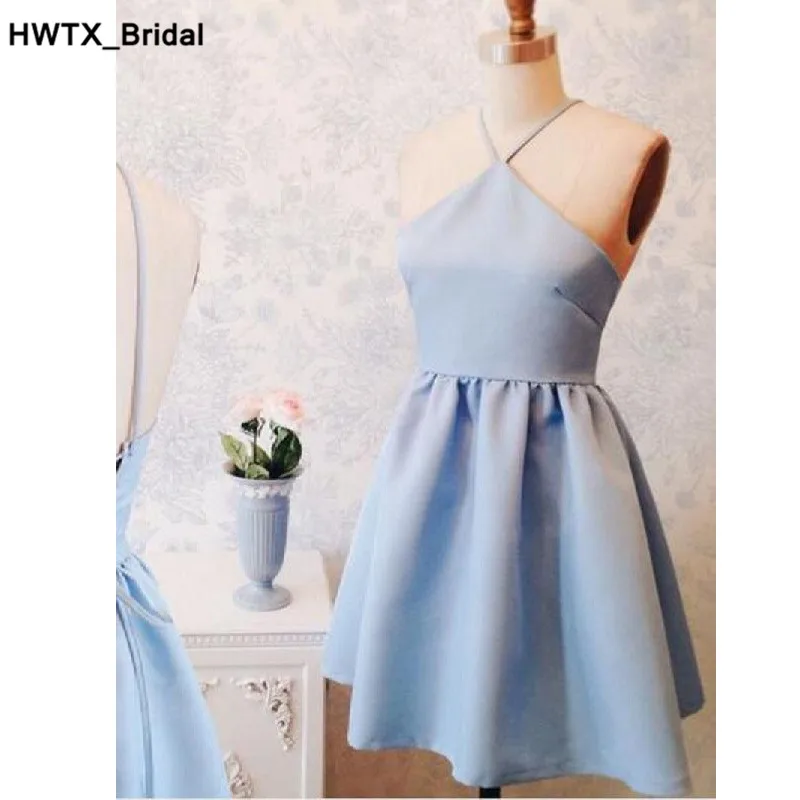 2018 Новый голубой с плеча платья невесты короткая плиссированная по колено свадебные вечерние платья дешевые Vestido madrinha